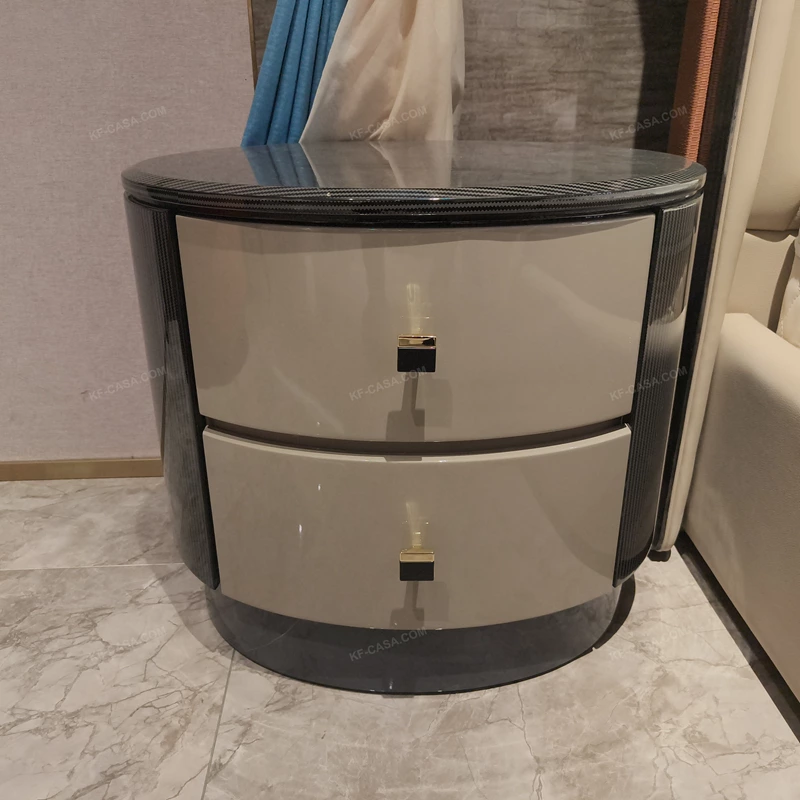 High-Gloss Round Nightstand with Grey Diagonal Pattern and Curved Cream Drawers